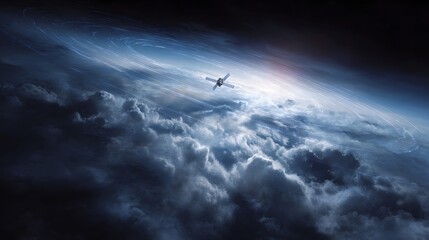 Obraz premium Advanced satellite in orbit above a planet with glowing atmospheric light streaks and signal arcs