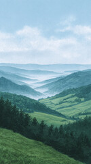 Fototapeta premium Explore the Majestic Beauty of Rolling Green Mountains Under a Vast Sky: A Serene Landscape Capturing Nature's Tranquility and Scenic Splendor