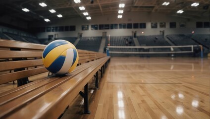 Volleyball resting on a wooden bench in an empty gymnasium.