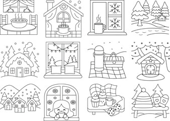 Cozy Winter and Holiday Scenes with Cute Characters in Outline Style Keywords: winter, cozy, cute, cartoon, house, cabin, window, snow, trees, hot chocolate, soup, cookies, hat, mittens, picnic