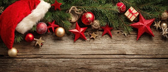 The festive Christmas arrangement with ornaments and Santa hat on wooden background.