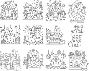 Gingerbread man and Christmas themed illustrations with candy canes, trees, and gifts cookie