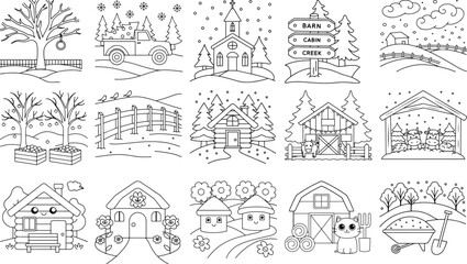 Obraz premium Collection of Cute Cartoon Farm and Countryside Scenes in Outline Style Keywords: farm, countryside, village, rural, nature, house, barn, truck, tree, garden, fence, animals, cow, horse, chicken