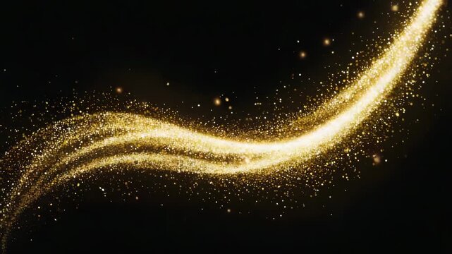 Flowing golden trails of sparkling particles that swirl and weave across the in smooth, wave-like patterns on dark background