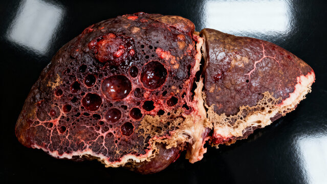 Image of primary liver cancer, specifically hepatic angiosarcoma. Demonstrating the characteristic pathological features of primary hepatic angiosarcoma. 
