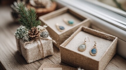 Fototapeta premium Handmade jewelry gifts displayed with natural decorations for a cheerful Christmas atmosphere