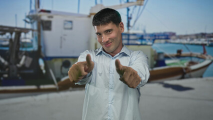 Fototapeta premium Man smiling and pointing thumbs at camera on port quay with fishing boats under clear blue sky; confidence.