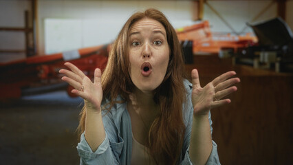 Woman in light blue denim shirt raises bare hands and looks up showing freckled face in building...