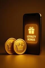 Loyalty Bonus: A close-up shot reveals two gleaming gold coins next to a modern smartphone. The phone's screen displays a loyalty bonus icon, signifying rewards and incentives.
