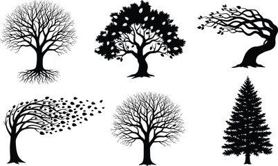 Tree silhouette collection, seasonal trees, leafless and leafy, wind-blown branches, pine shape, nature vector, black trees, landscape design