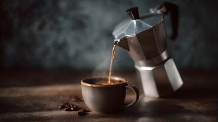 Freshly brewed espresso coffee being poured from a classic moka pot into a rustic ceramic cup creating steam on a wooden table with coffee beans