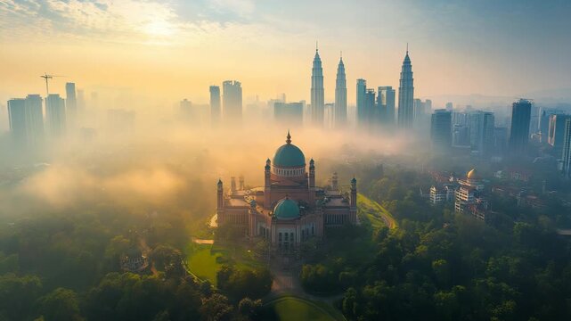 Aerial cityscape with mosque dome surrounded by morning fog and skyscrapers, urban skyline, architecture, spirituality, culture, religion, modern development and harmony between tradition and progress