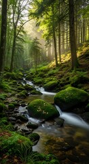 Obraz premium Serene Forest Stream - A Tranquil Cascade Through Lush Greenery.