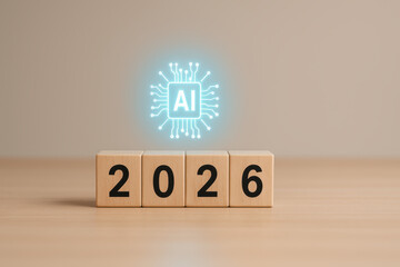 AI Era: Wooden blocks displaying the year 2026, with an AI-powered microchip, signifying the dawn of the Artificial Intelligence Era.