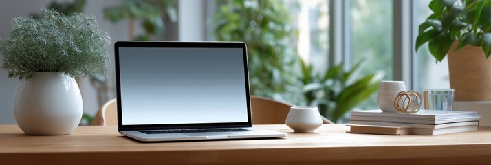 Fototapeta premium Modern workspace with laptop and green plants on wooden desk near bright window