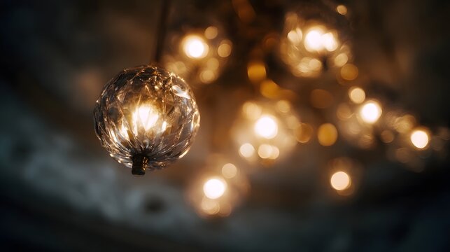 Close up of a crystal chandelier s intricate glass spheres and warm glowing light bulbs against a soft bokeh background