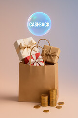 Cashback and Shopping Delights: A gift-filled shopping bag accompanied by a cashback bubble and coins, capturing the essence of rewards.