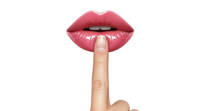 Isolated Shh gesture with pink lipstick lips, hand with finger on lip expressing silence