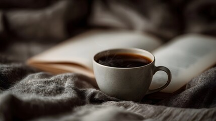 A steaming cup of coffee rests beside an open book on a cozy blanket evoking a peaceful morning atmosphere