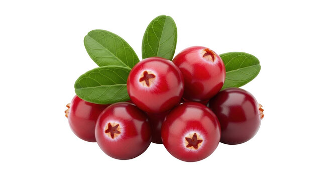 Isolated red cranberries with green leaves, healthy fruit and antioxidant rich food