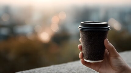 A hand holds a disposable coffee cup against a softly blurred urban cityscape at dawn or dusk