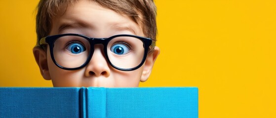 The surprised child with glasses reading a book against a vibrant yellow background.