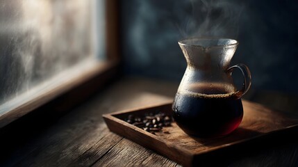 Steaming pour over coffee brewing in a glass carafe on a rustic wooden tray by a sunlit window
