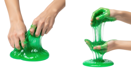 Isolated slime in hands, sticky gooey toy material, playful sensory fidget for kids' fun