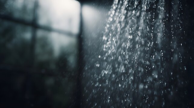 Capturing the refreshing motion of water droplets falling from a shower in soft diffused light promoting purity and wellness