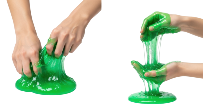 Isolated slime in hands, sticky gooey toy material, playful sensory fidget for kids' fun