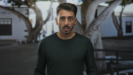 Man wearing green sweater with thumbs pointing to chest on street; surprise doubt confusion...