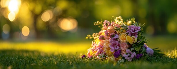 The beautiful floral bouquet resting on green grass in soft sunlight.
