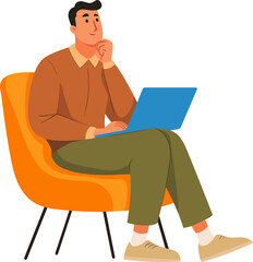 Young man sitting in an orange chair working on a laptop while thinking thoughtfully isolated on transparent background. Vector illustration.