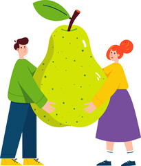 Couple joyfully lifting a large green pear isolated on transparent background. Vector illustration.