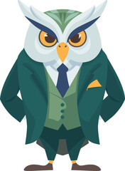 Unique cartoon owl dressed in a formal suit with a tie isolated on transparent background. Vector illustration.