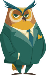 Cartoon owl dressed in a business suit with a serious expression standing confidently isolated on transparent background. Vector illustration.