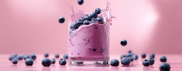 The vibrant splash of a blueberry smoothie in a glass on pink background.