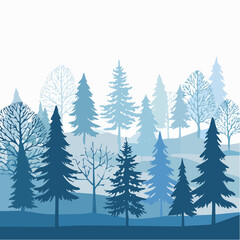 A serene blue silhouette of a winter forest landscape with layered pine trees