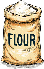 Flour bag filled with white flour ready for baking and cooking isolated on transparent background. Vector illustration.
