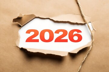 The year 2026 is revealed through a torn opening in a textured brown cardboard box