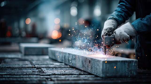 Welder at Work Grinding Metal with Sparks Flying in Industrial Setting