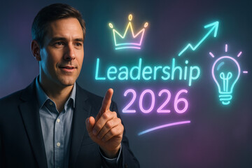 Visionary Leadership: A modern professional projects confidence and vision, with a vibrant graphic symbolizing growth and innovation, looking towards the future.