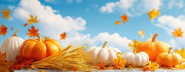 The Festive Display of Pumpkins and Autumn Leaves Under a Blue Sky
