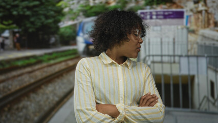 Woman points finger to approaching train beside modern station building; journey planning anticipation.