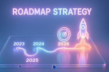 Strategic Roadmap Visualization: Dynamic presentation showcases a modern business roadmap. It illuminates strategic planning for the future, with a futuristic launch concept.