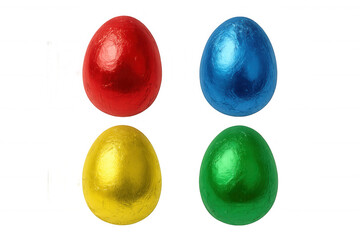 Colorful chocolate easter eggs in red, blue, yellow, and green foil wrappers on a transparent background