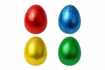 Colorful chocolate easter eggs in red, blue, yellow, and green foil wrappers on a transparent background