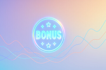 Bonus Icon and Wavy Lines Illustration: A neon bonus icon shines brightly amidst a colorful and modern background, accompanied by dynamic wavy lines. This design signifies reward and promotion.