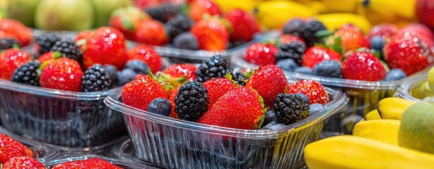 The vibrant assortment of fresh berries and fruits at a bustling market.