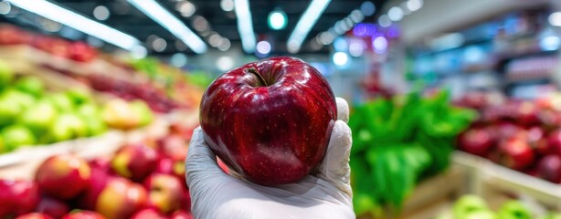 The hand holding a fresh red apple in a modern grocery store.